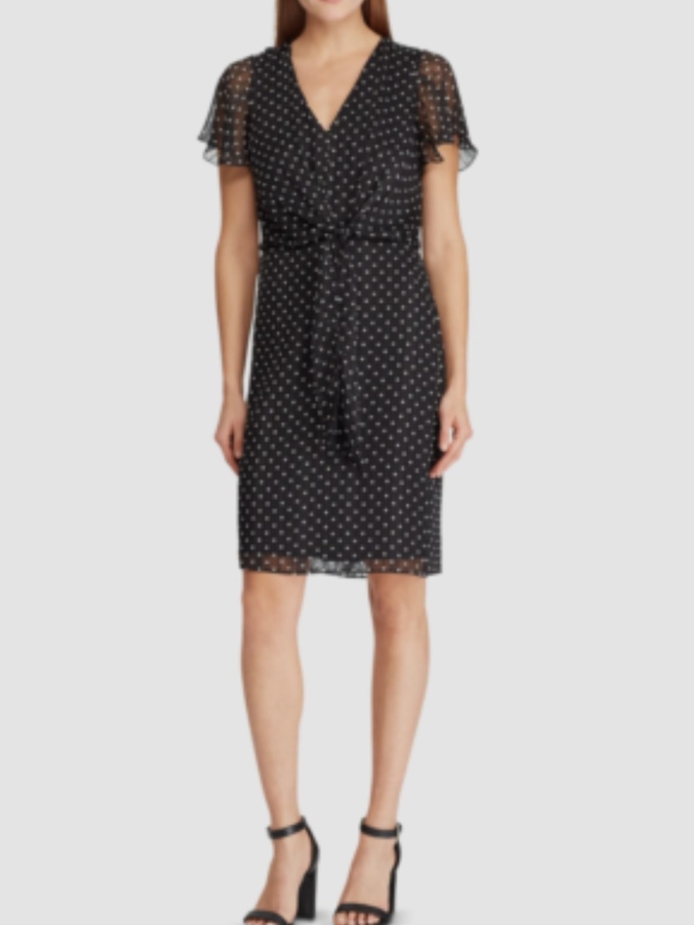 Lauren Ralph Lauren Black Polka Dot V-Neck Tie-Waist‎ Midi Dress Size 12 New